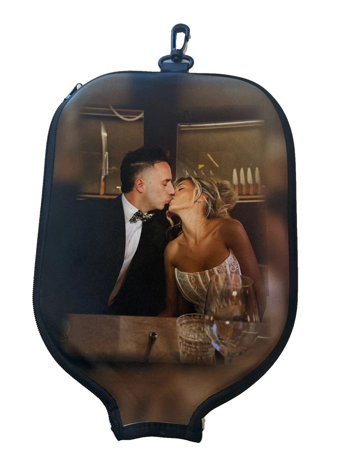 The front of a finished DinkCozy paddle cover, printed with a customer photo