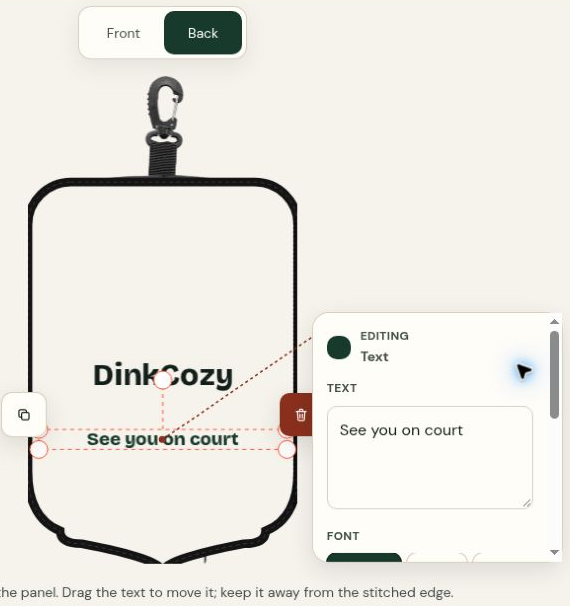 Back selected in the designer with the editable message See you on court below the DinkCozy wordmark.