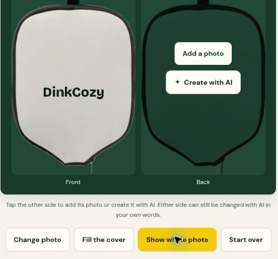 Actual designer with Show whole photo selected and the complete DinkCozy wordmark visible.